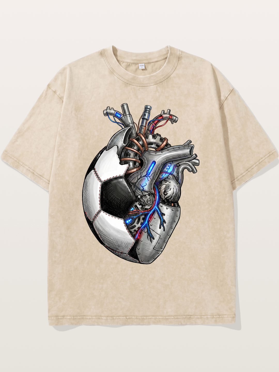 Mechanical Football Heart Print Washed T-shirt