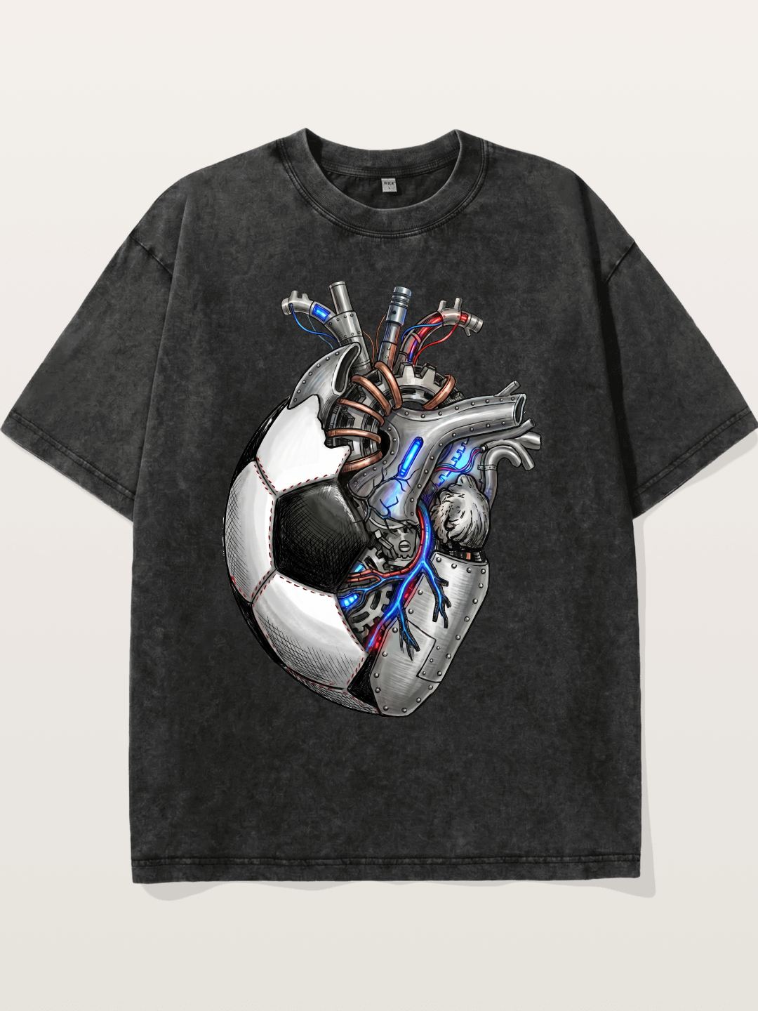 Mechanical Football Heart Print Washed T-shirt