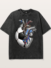 Mechanical Football Heart Print Washed T-shirt