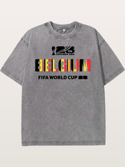 Belgium 2026 Flag Pattern Print Washed T-shirt