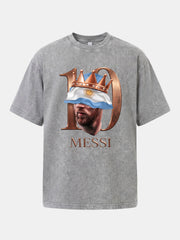 Messi Crown Argentina Flag Art Washed T-shirt