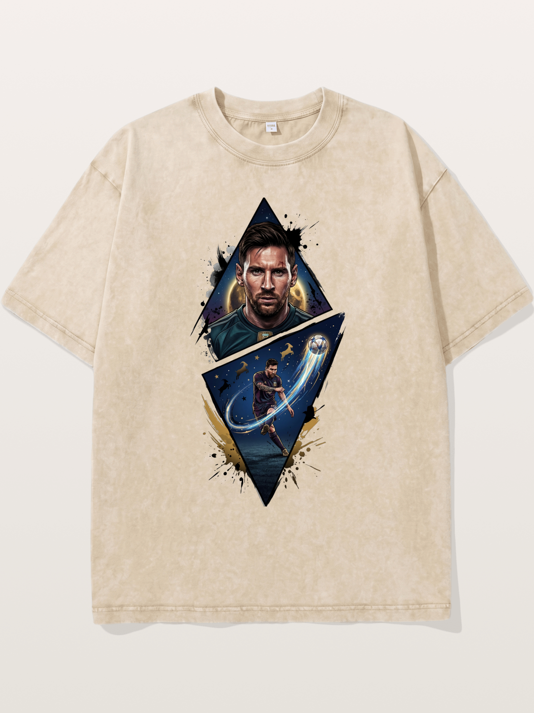 Lionel Messi Split Portrait Art Washed T-shirt