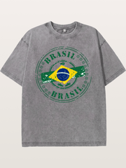 Brazil Flag Stamp Soccer Print Washed T-shirt