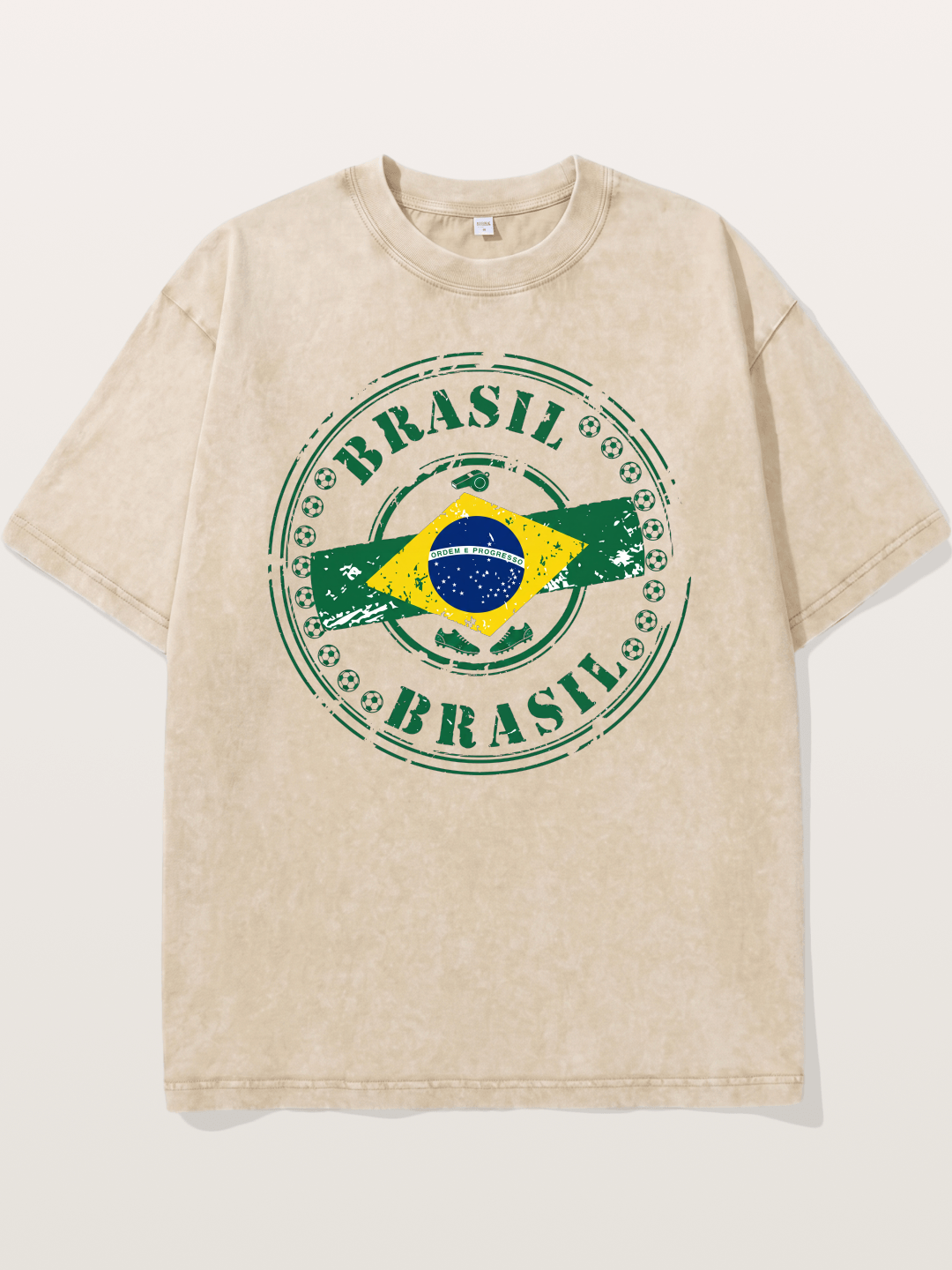 Brazil Flag Stamp Soccer Print Washed T-shirt