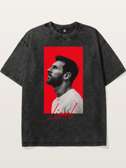 Messi Red Background Portrait Washed T-shirt