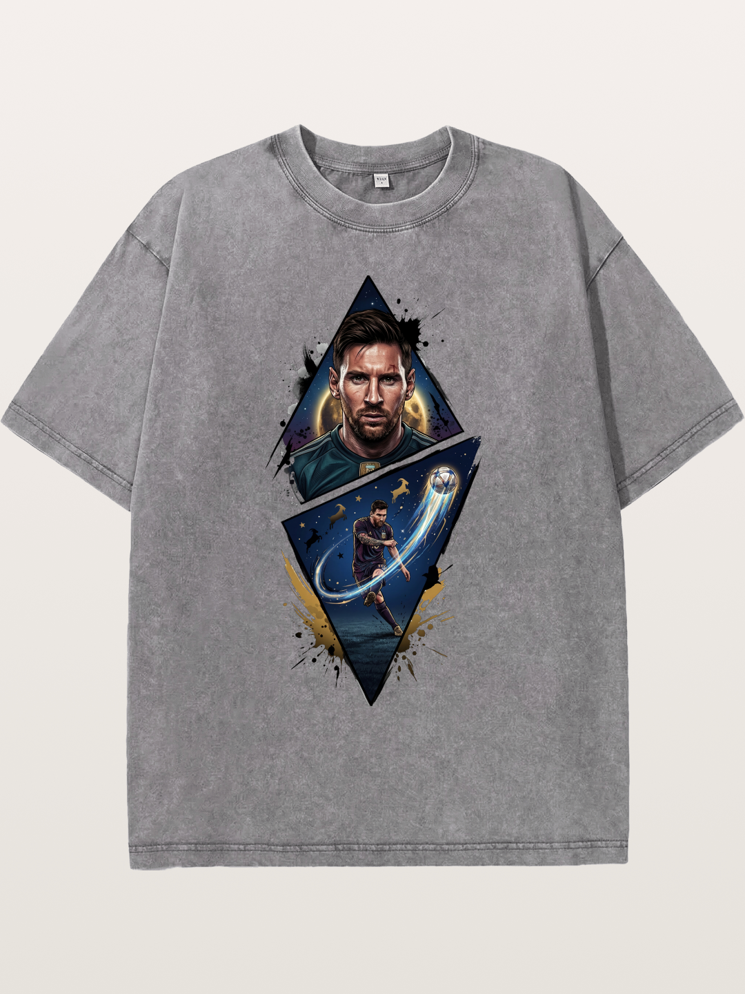 Lionel Messi Split Portrait Art Washed T-shirt