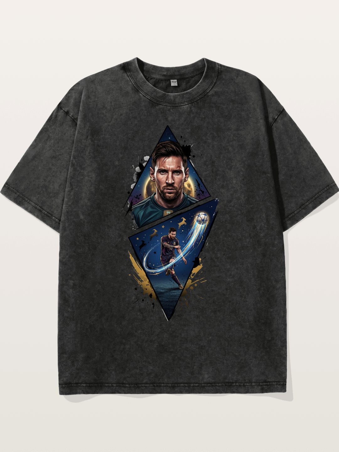 Lionel Messi Split Portrait Art Washed T-shirt
