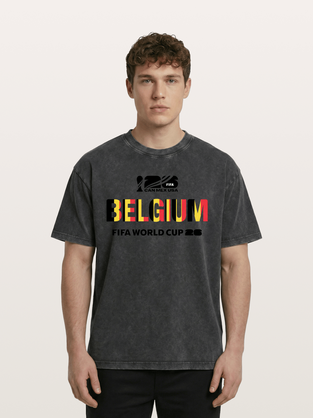 Belgium 2026 Flag Pattern Print Washed T-shirt
