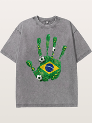 Brazil Flag Hand Soccer Art Washed T-shirt