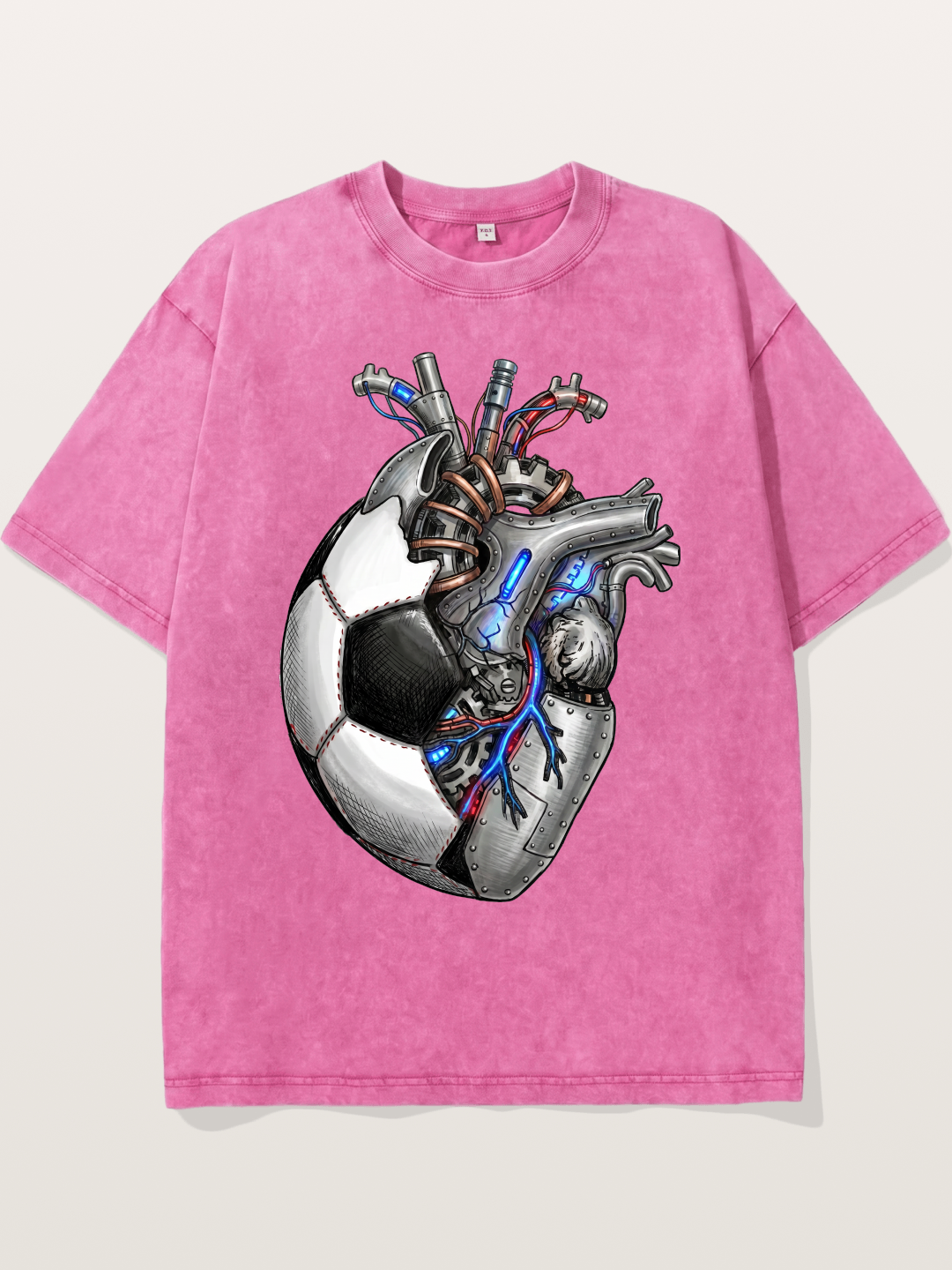 Mechanical Football Heart Print Washed T-shirt