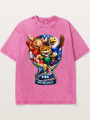 World Cup Mascots Globe Design Washed T-shirt