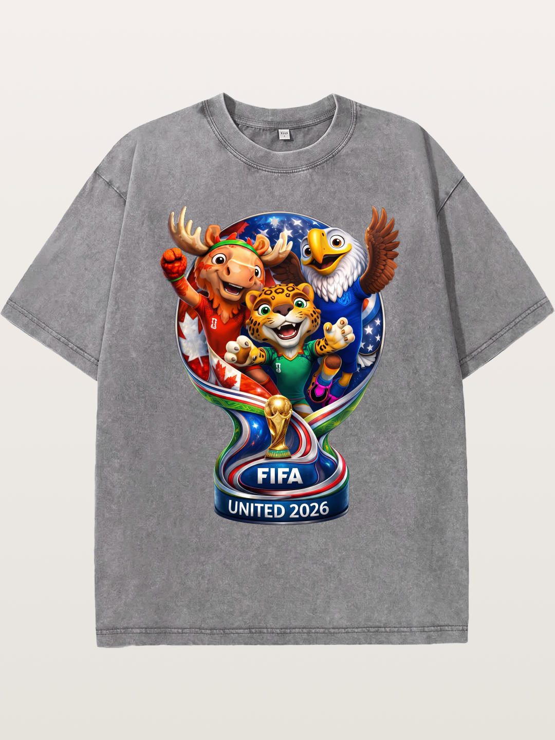 World Cup Mascots Globe Design Washed T-shirt