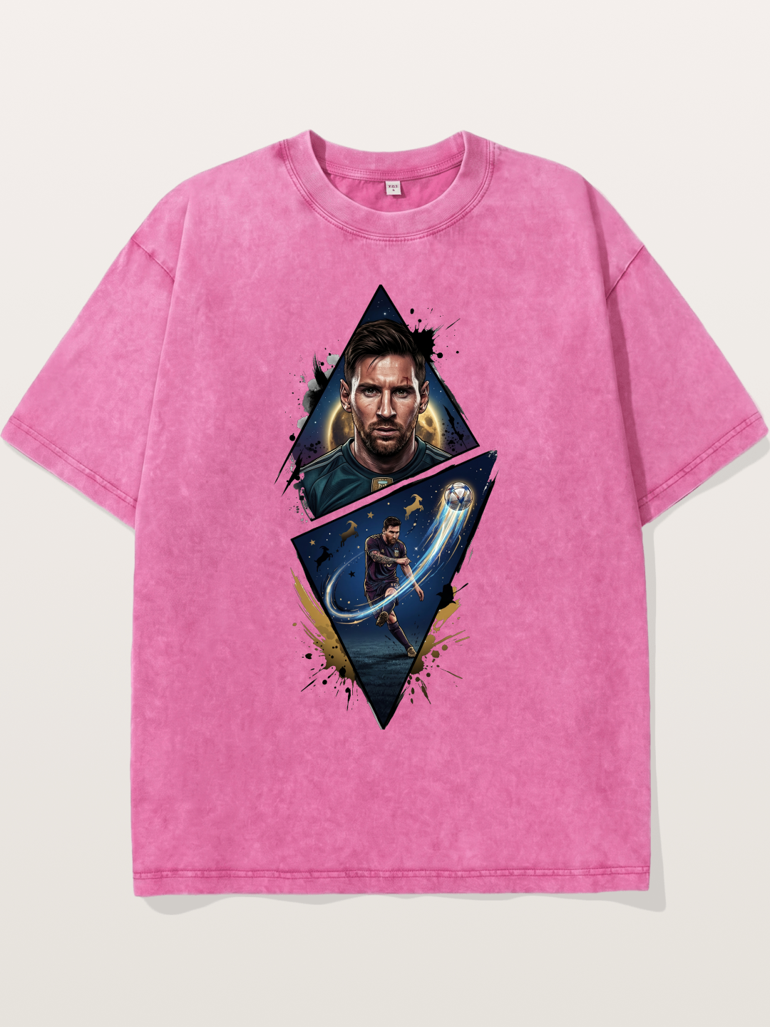 Lionel Messi Split Portrait Art Washed T-shirt