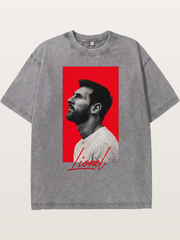 Messi Red Background Portrait Washed T-shirt