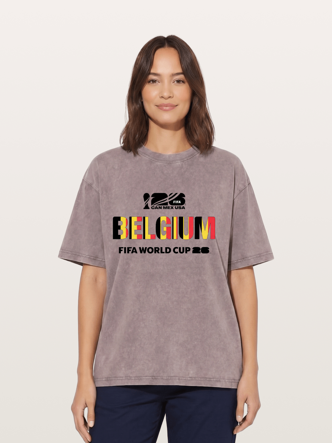 Belgium 2026 Flag Pattern Print Washed T-shirt