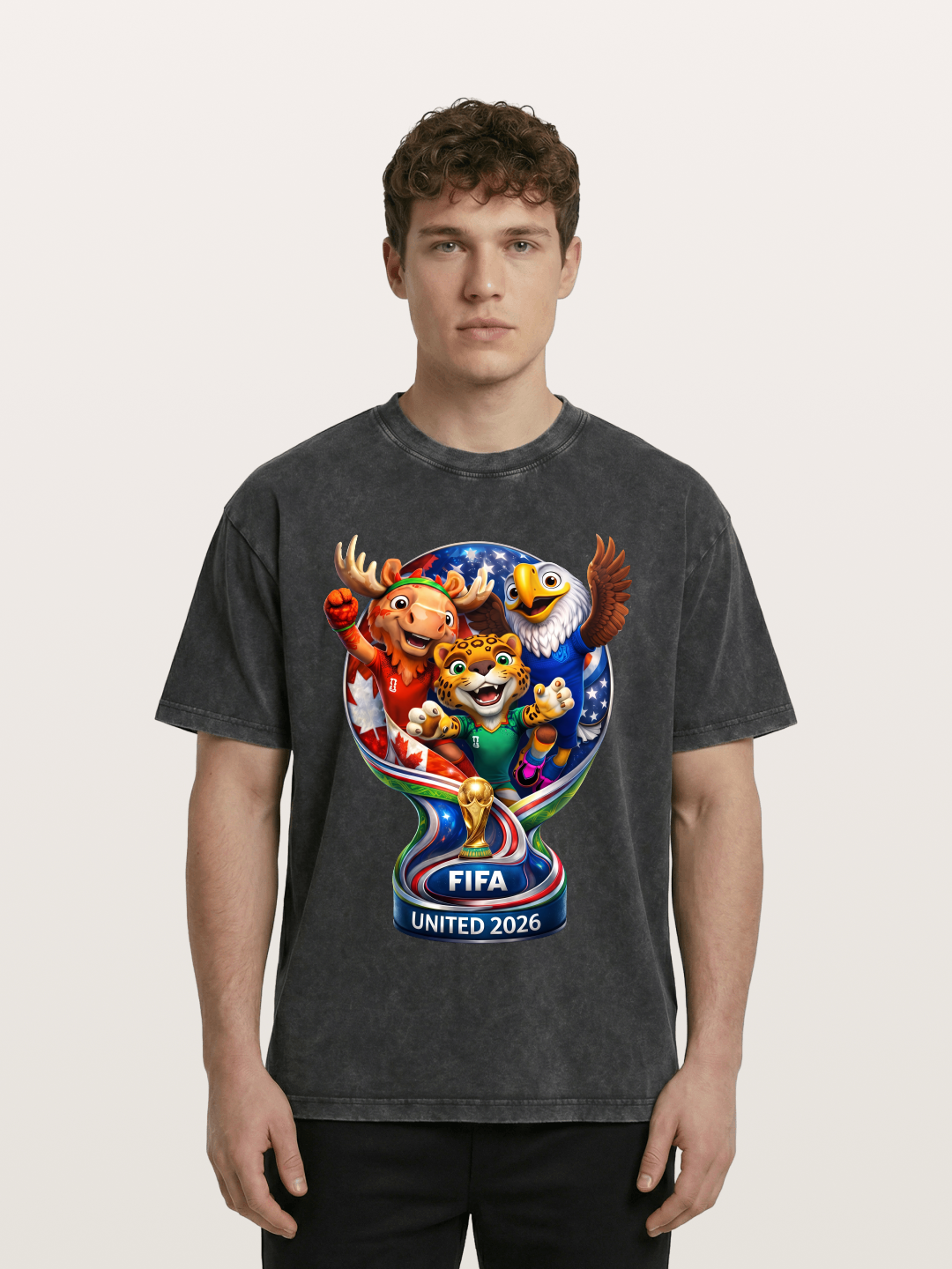 World Cup Mascots Globe Design Washed T-shirt