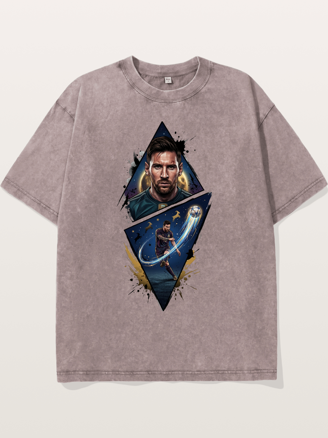 Lionel Messi Split Portrait Art Washed T-shirt