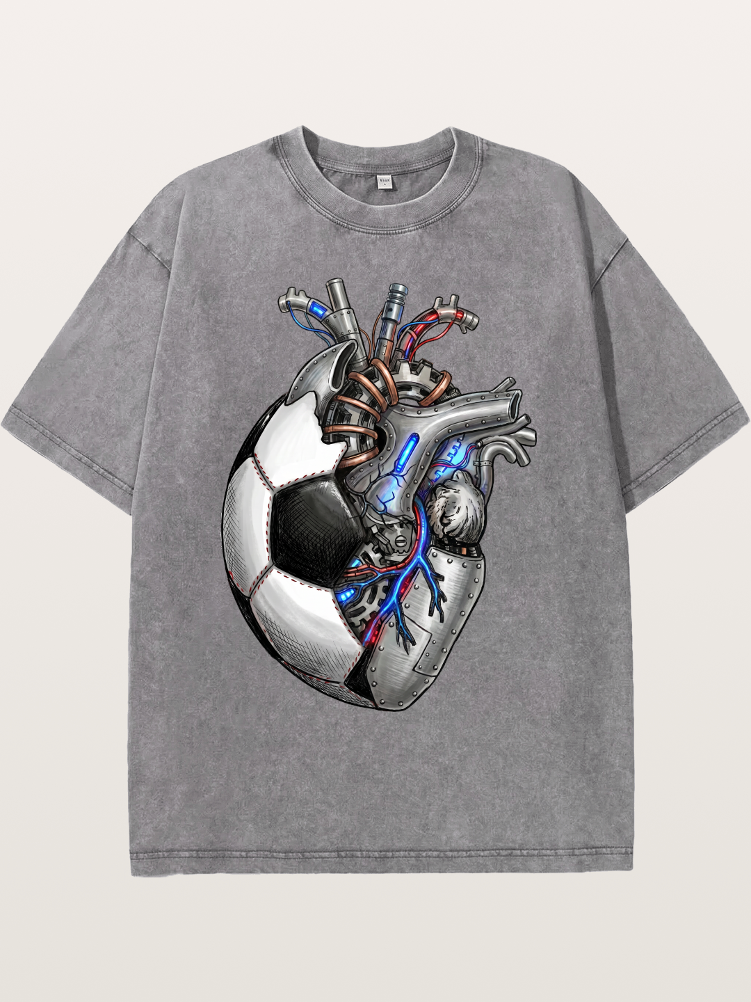 Mechanical Football Heart Print Washed T-shirt