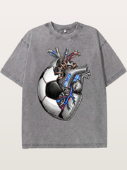 Mechanical Football Heart Print Washed T-shirt