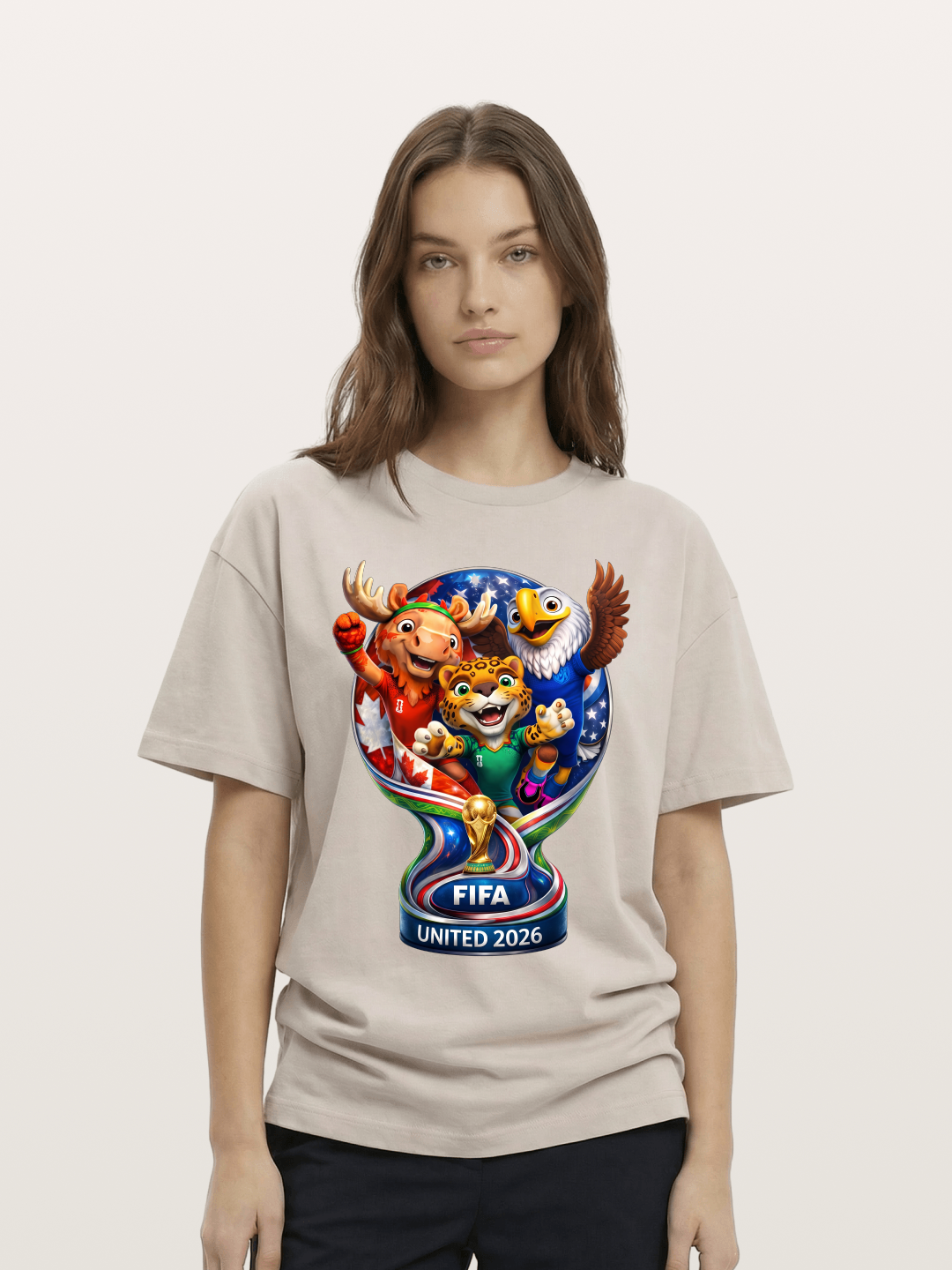 World Cup Mascots Globe Design Cotton T-shirt