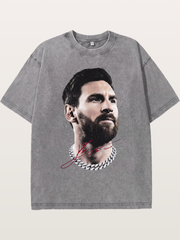 Messi Black White Signature Portrait Washed T-shirt